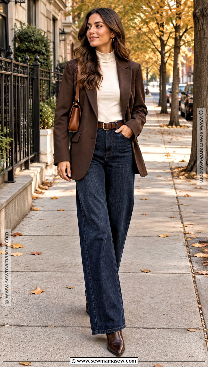 Chocolate Brown Blazer and Wide Leg Jeans Outfit - 20 trendy autumn outfits 2026