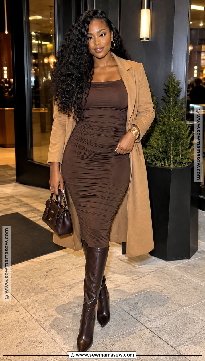 Chocolate Brown Bodycon Dress And Gold Accessories Club Outfit - 15 club outfits black women fall
