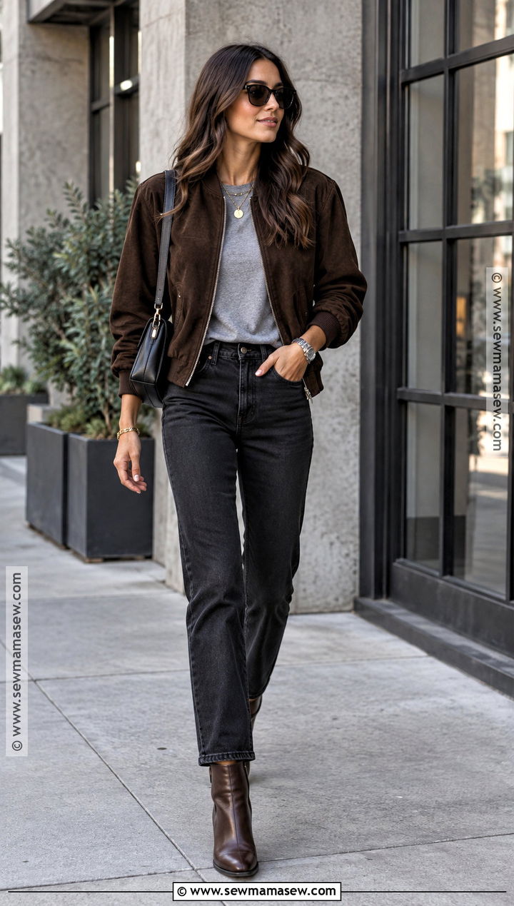 Chocolate Brown Bomber Jacket With Black Jeans - 20 chocolate brown fall outfit ideas