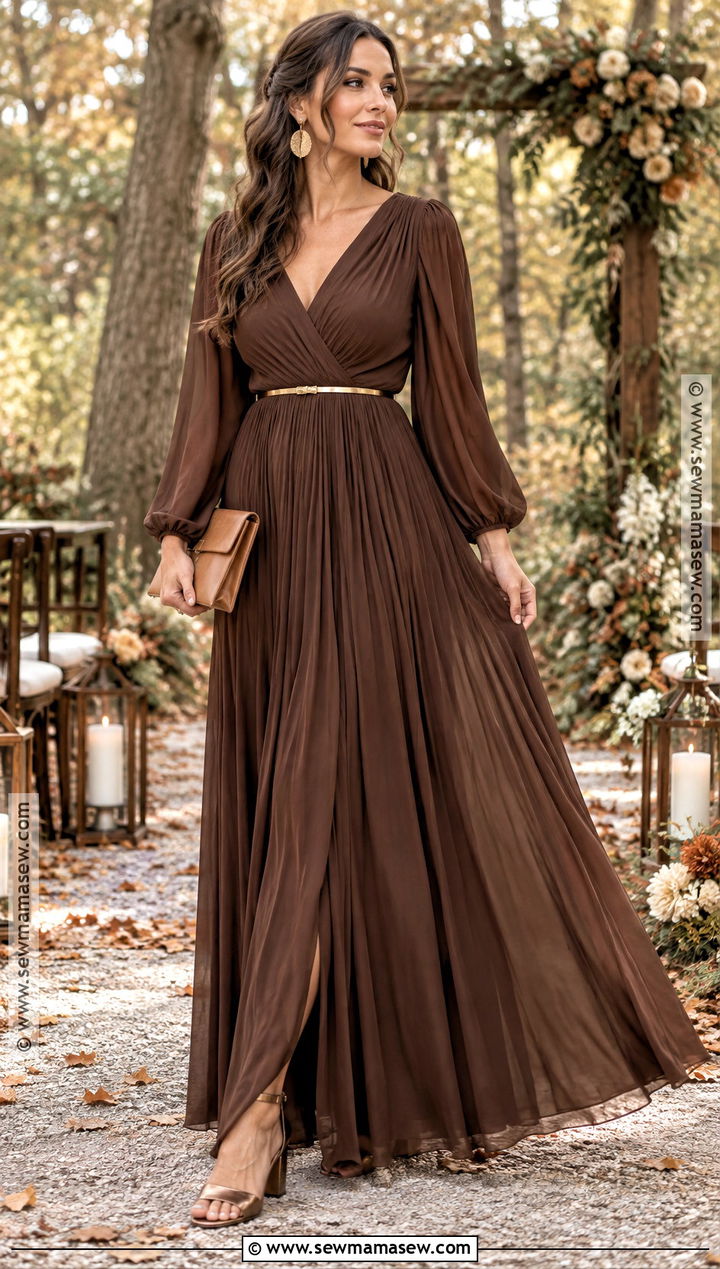 Chocolate Brown Chiffon Dress - 15 boho fall wedding guest dress ideas