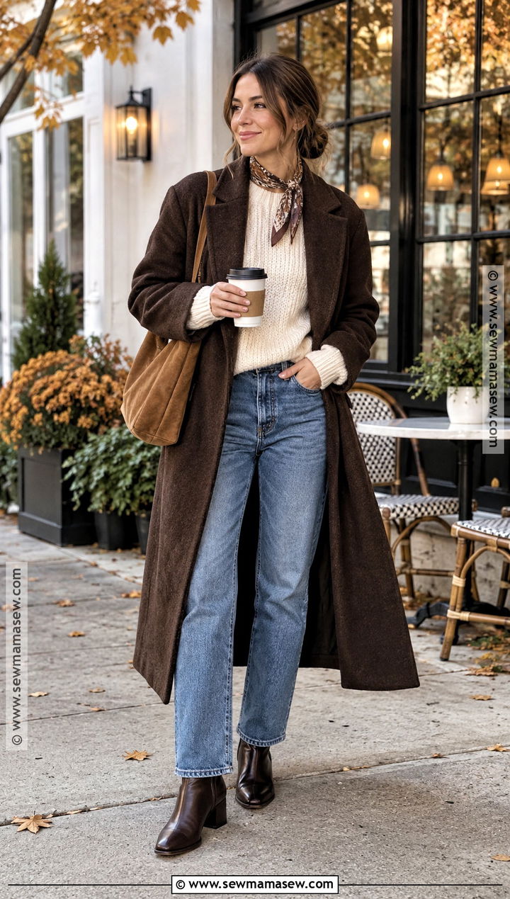 Chocolate Brown Coat With Cream Knit And Denim - 20 fall coat outfits