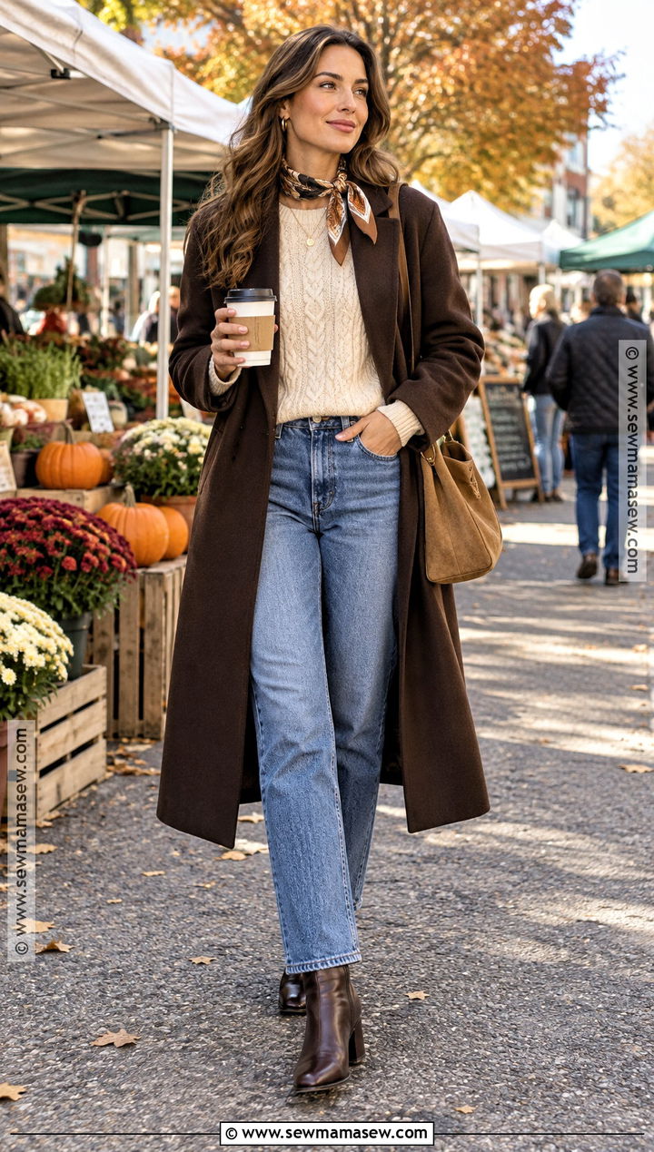 Chocolate Brown Coat With Cream Knitwear And Jeans - 25 fall coat ideas