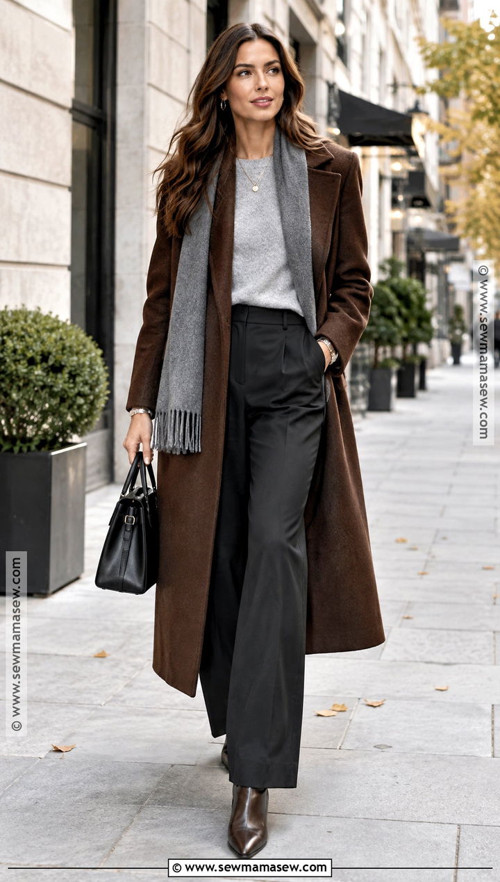 Chocolate Brown Coat With Gray Sweater And Black Trousers - 15 chocolate brown autumn outfit ideas