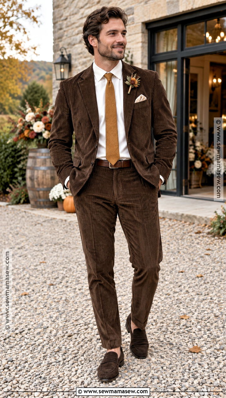 Chocolate Brown Corduroy Fall Groom Suit - 15 fall groom wedding attire ideas