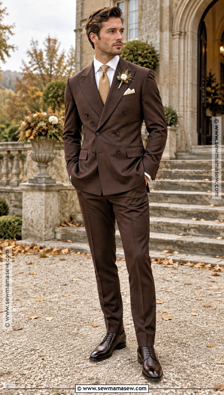 Chocolate Brown Double Breasted Groom Suit - 15 groom attire fall wedding ideas
