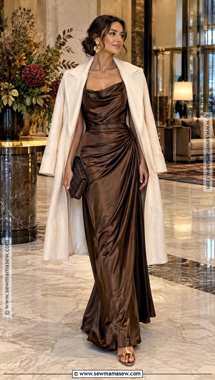 Chocolate Brown Draped Gown - 15 fall black tie dress ideas
