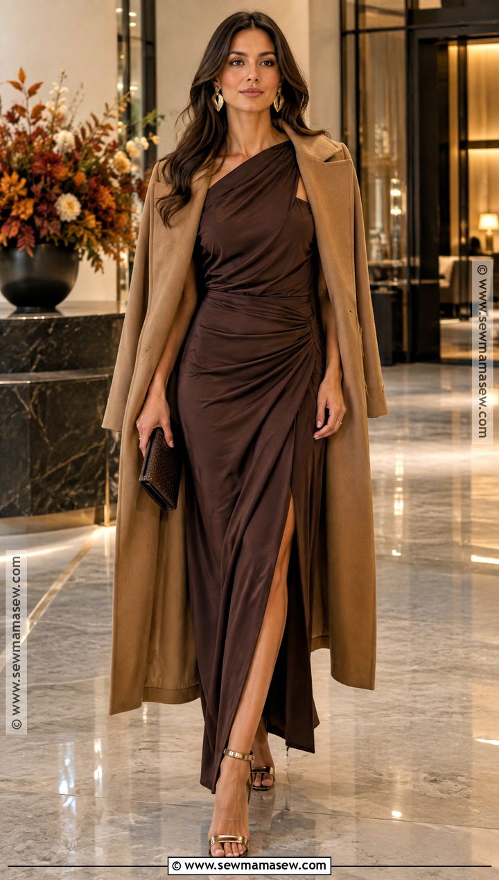 Chocolate Brown Draped Maxi Dress With Bronze Heels - 15 Fancy Fall Dresses
