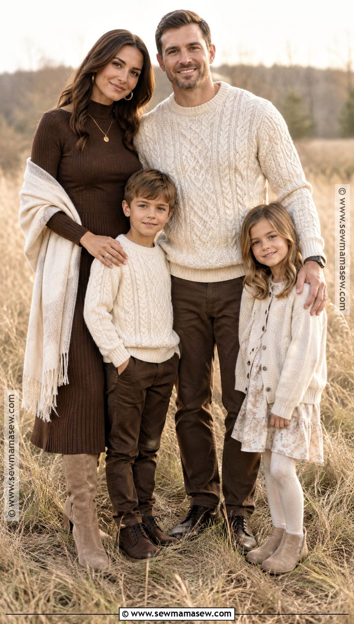Chocolate Brown Dress And Cream Family Picture Outfit - 15 Neutral Fall Outfits For Family Pictures