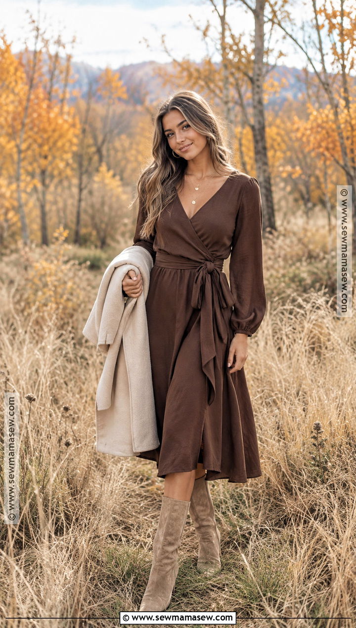 Chocolate Brown Dress And Suede Boots Outfit - 15 October Senior Pictures Outfits
