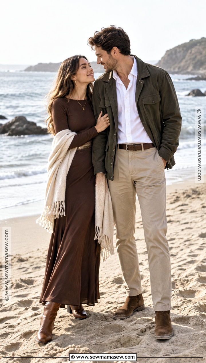 Chocolate Brown Dress Beach Engagement Outfit - 15 fall beach engagement photos outfit ideas