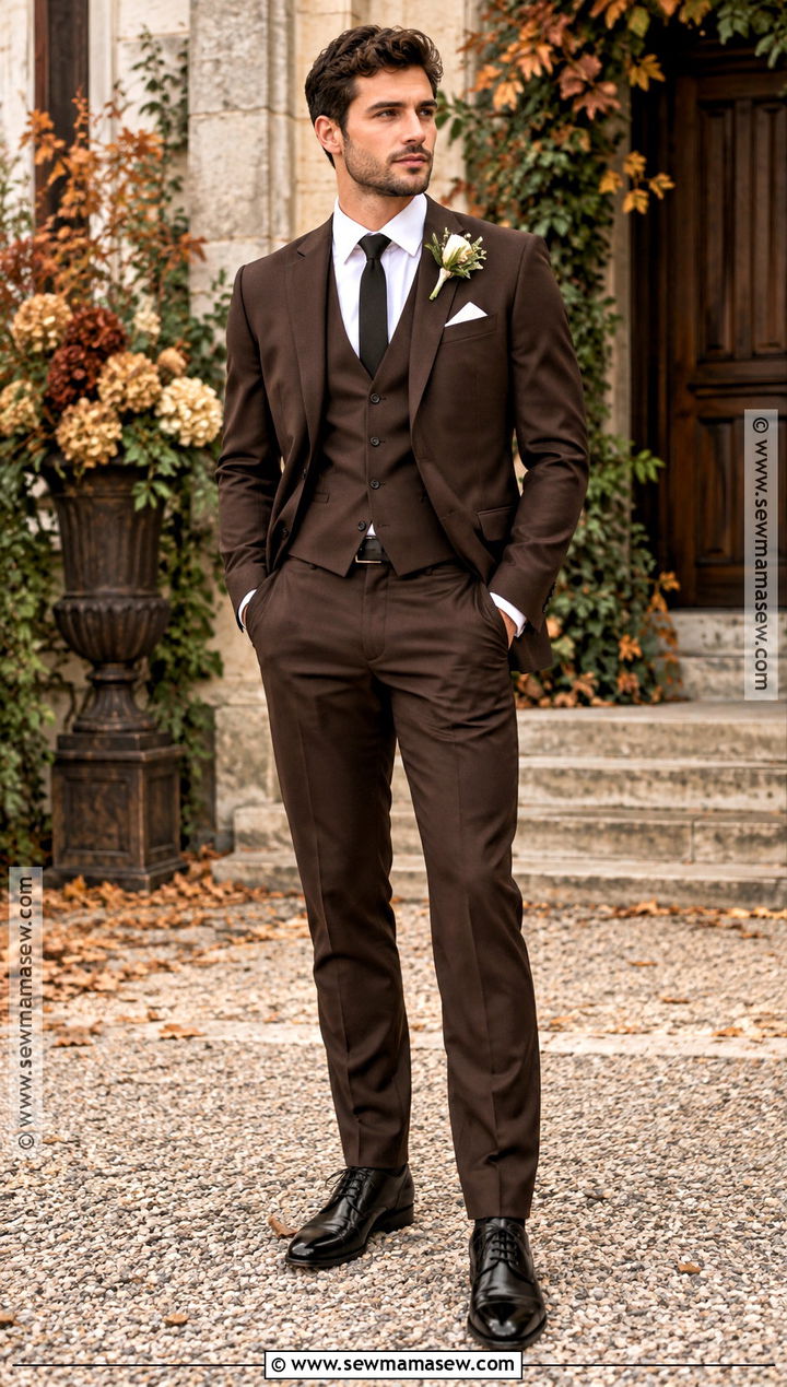 Chocolate Brown Groom Suit With Black Tie - 20 fall groom attire ideas