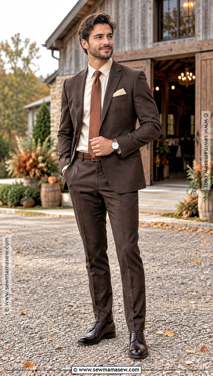 Chocolate Brown Groom Suit - 15 fall wedding attire for groom ideas