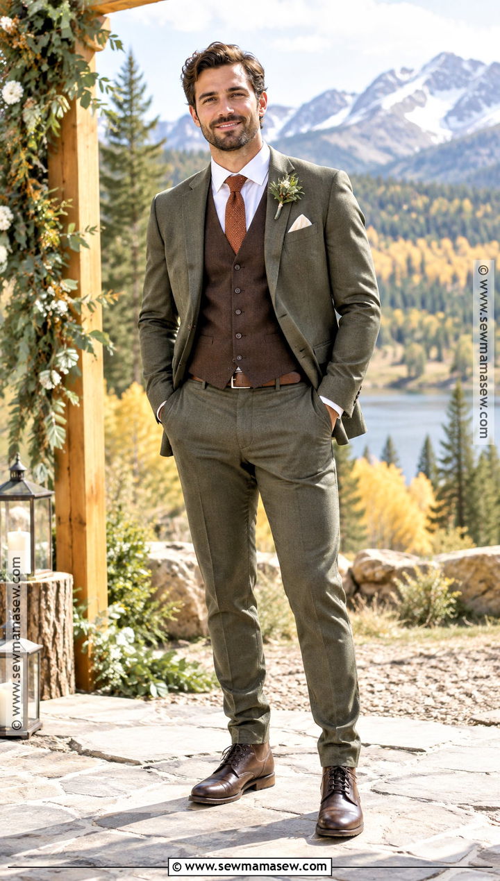 Chocolate Brown Groom Vest With Olive Suit - 15 fall groom attire vest ideas