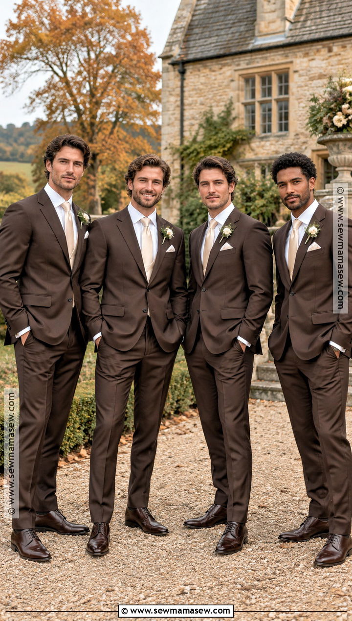 Chocolate Brown Groomsmen Suit With Champagne Tie - 15 groomsmen attire fall wedding color combos