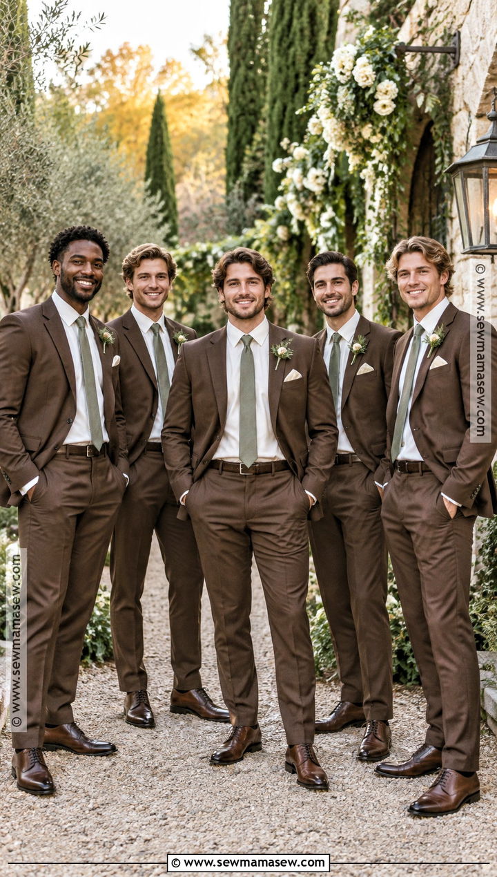 Chocolate Brown Groomsmen Suit With Sage Tie - 15 groomsmen attire for fall wedding ideas