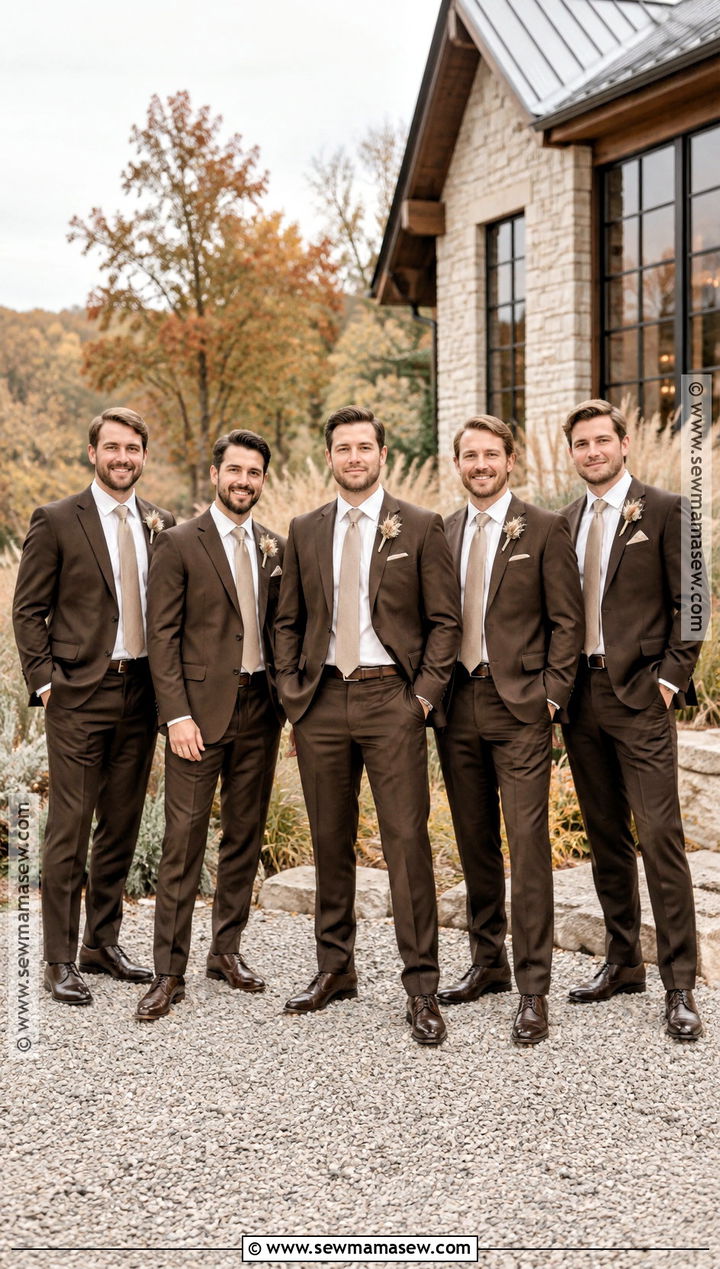 Chocolate Brown Groomsmen Suits With Cream Shirts - 15 groomsmen attire autumn ideas