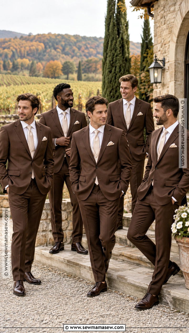 Chocolate Brown Groomsmen Suits for a Fall Wedding - 20 groomsmen attire fall wedding ideas