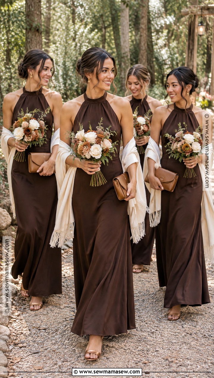 Chocolate Brown Halter Bridesmaid Dresses - 15 october wedding ideas outdoor bridesmaid dresses