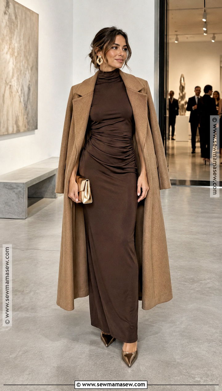 Chocolate Brown High Neck Column Dress - 15 fall wedding guest dress high neck ideas