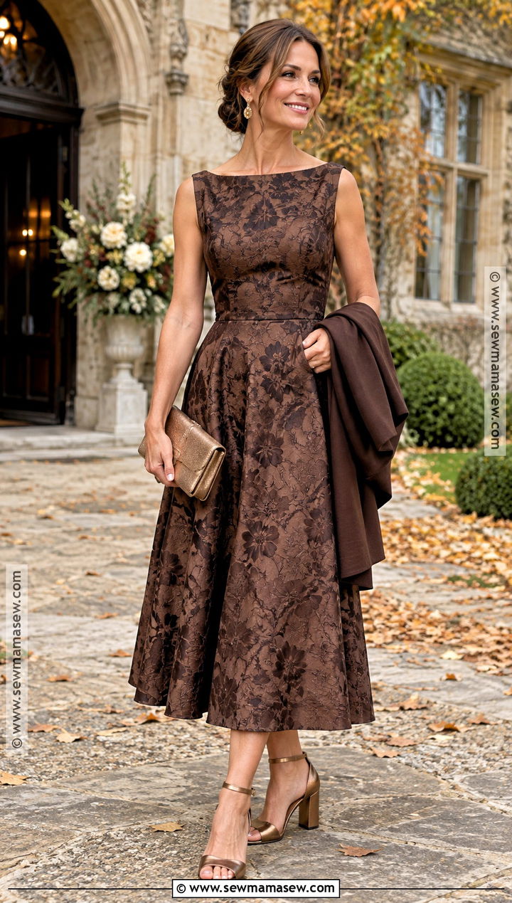Chocolate Brown Jacquard Midi Mother of the Groom Dress - 15 mother of the groom fall dresses