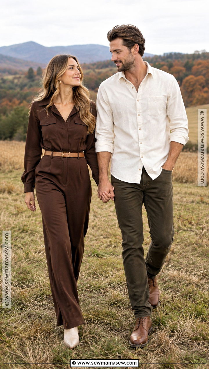 Chocolate Brown Jumpsuit And Pointed Boots Engagement Outfit - 15 engagement photos outfits fall country