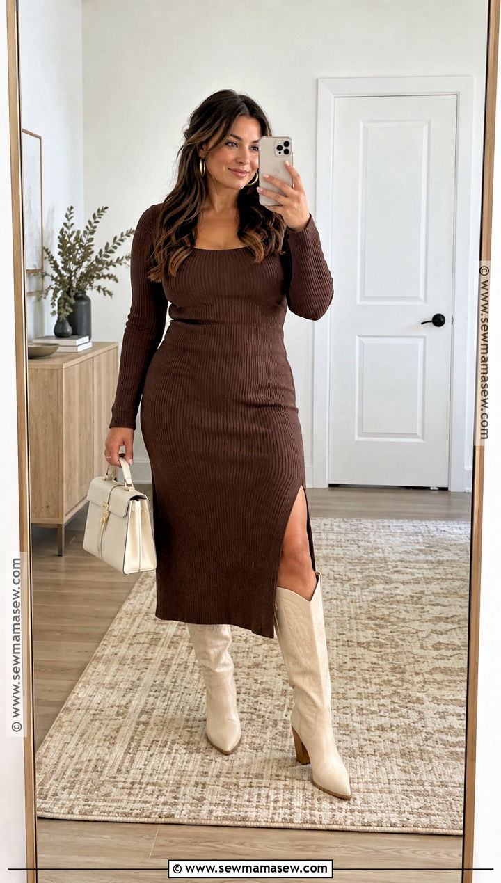 Chocolate Brown Knit Dress With Cowboy Boots - 15 dress with cowboy boots wedding guest fall