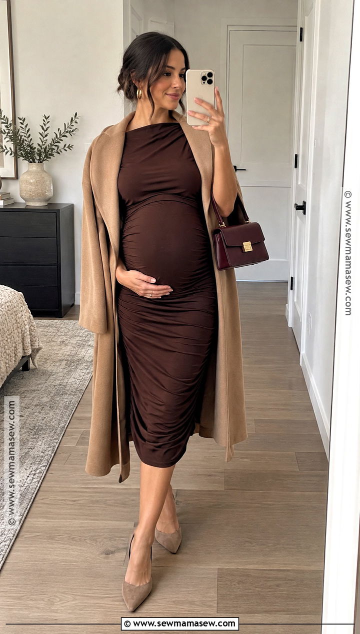 Chocolate Brown Knit Maternity Dress Outfit - 15 pregnant fall wedding guest outfit ideas
