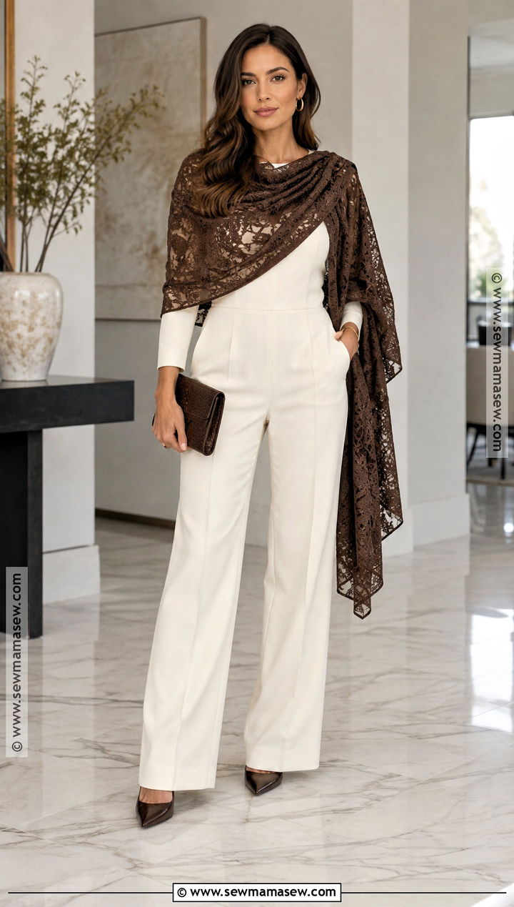 Chocolate Brown Lace Shawl With Ivory Jumpsuit - 15 autumn color lace shawl ideas