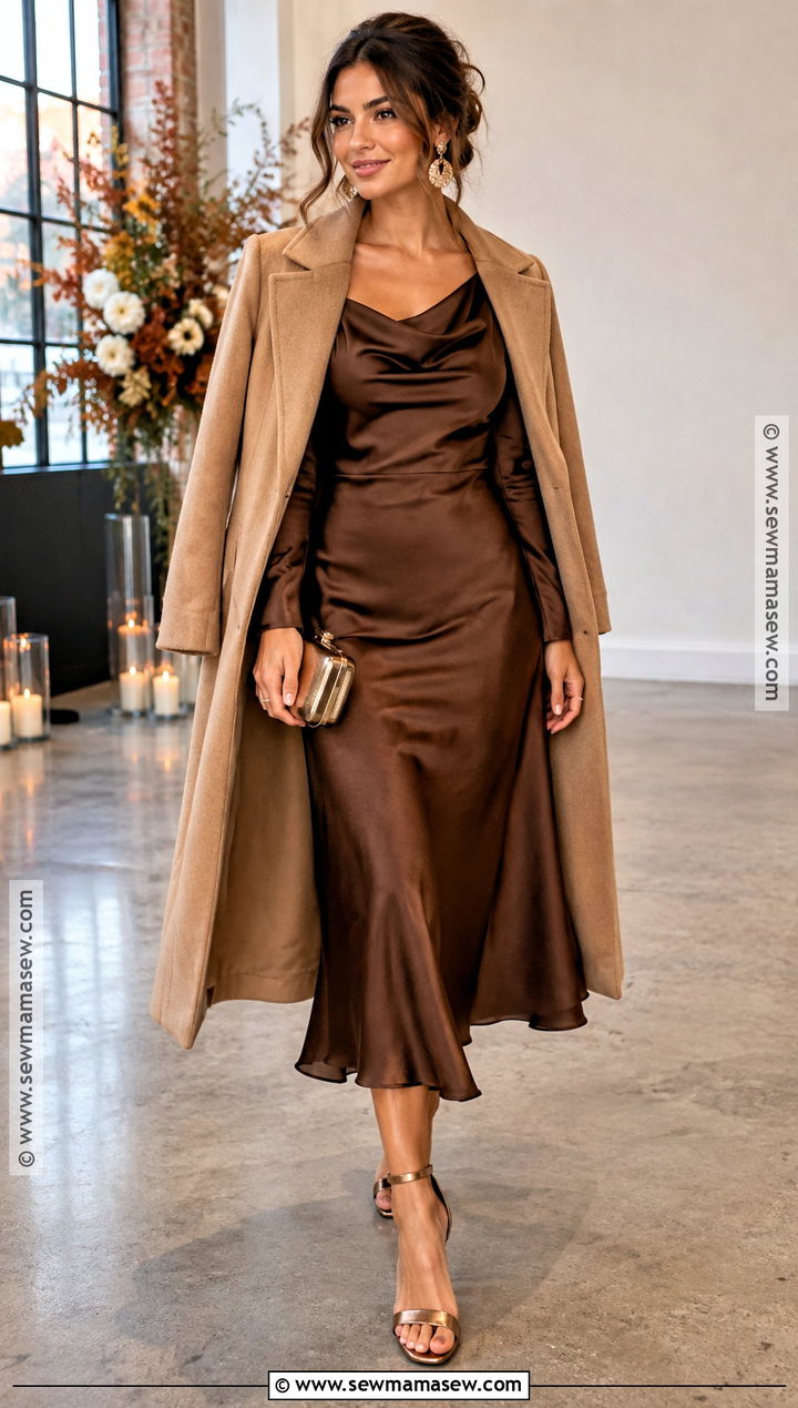 Chocolate Brown Long Sleeve Satin Dress - 15 Fall Cocktail Dress Wedding Guest Long Sleeve Ideas