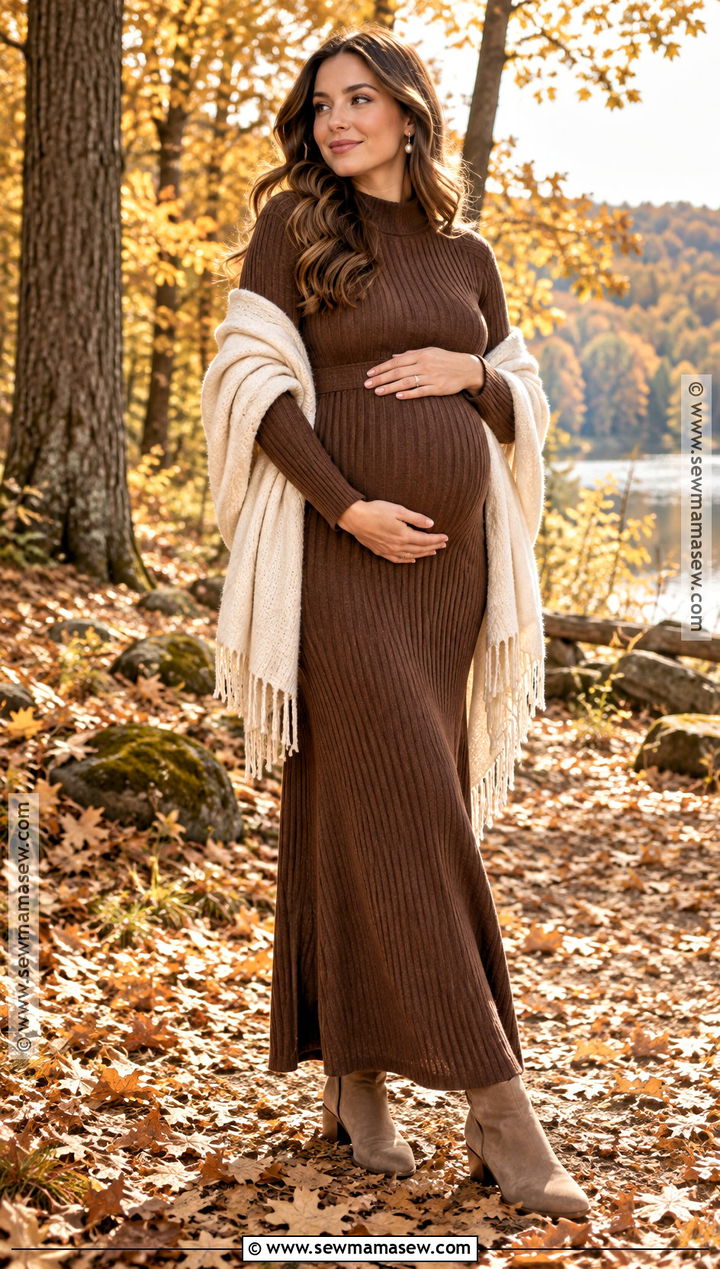 Chocolate Brown Maternity Dress With a Cream Shawl - 15 fall maternity photo outfits