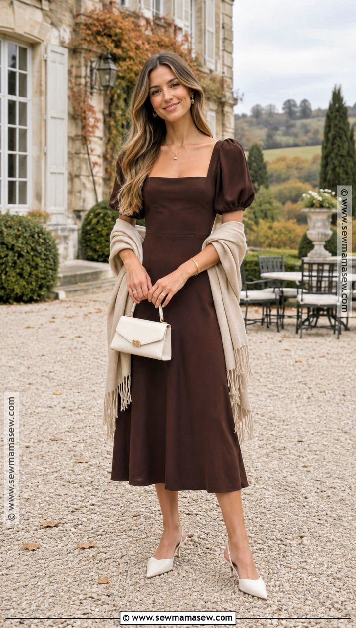 Chocolate Brown Midi Dress Fall Wedding Guest Outfit - 25 casual fall wedding outfit guest ideas