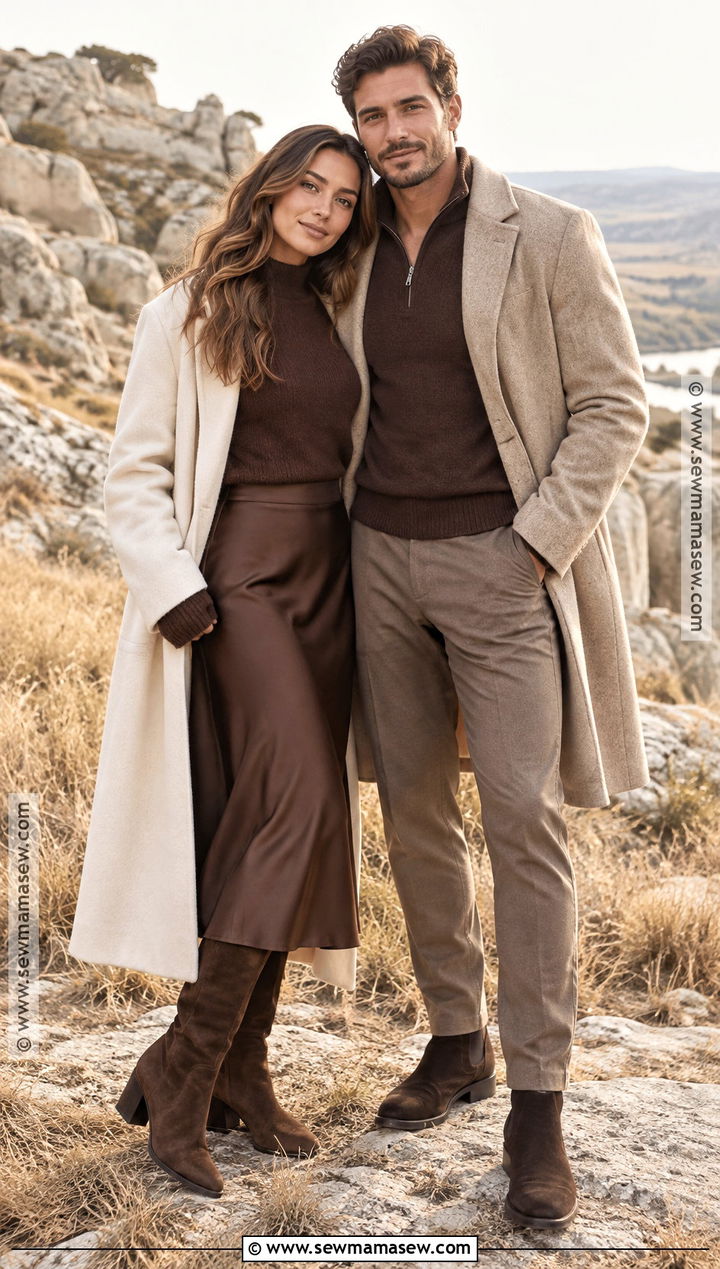 Chocolate Brown Monochrome Fall Couple Outfit - 20 fall couple photoshoot outfits photo ideas outdoor