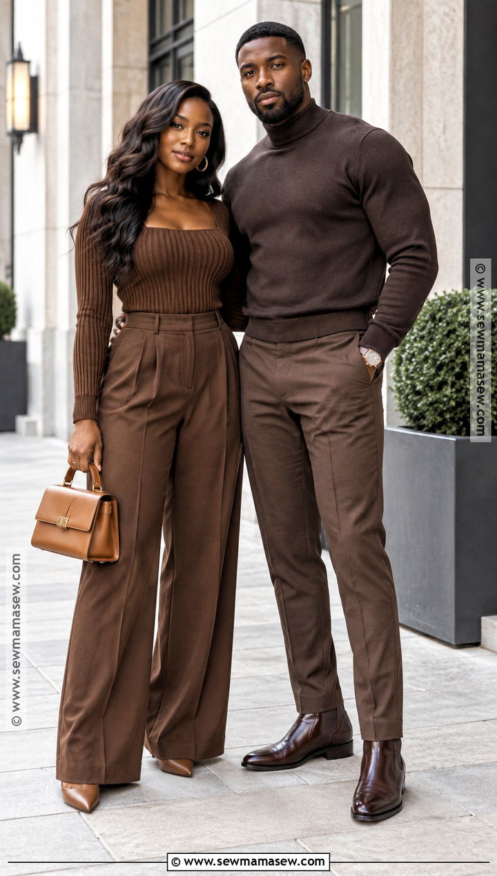 Chocolate Brown Monochrome Fall Couples Outfit - 15 black couples fall photoshoot outfits