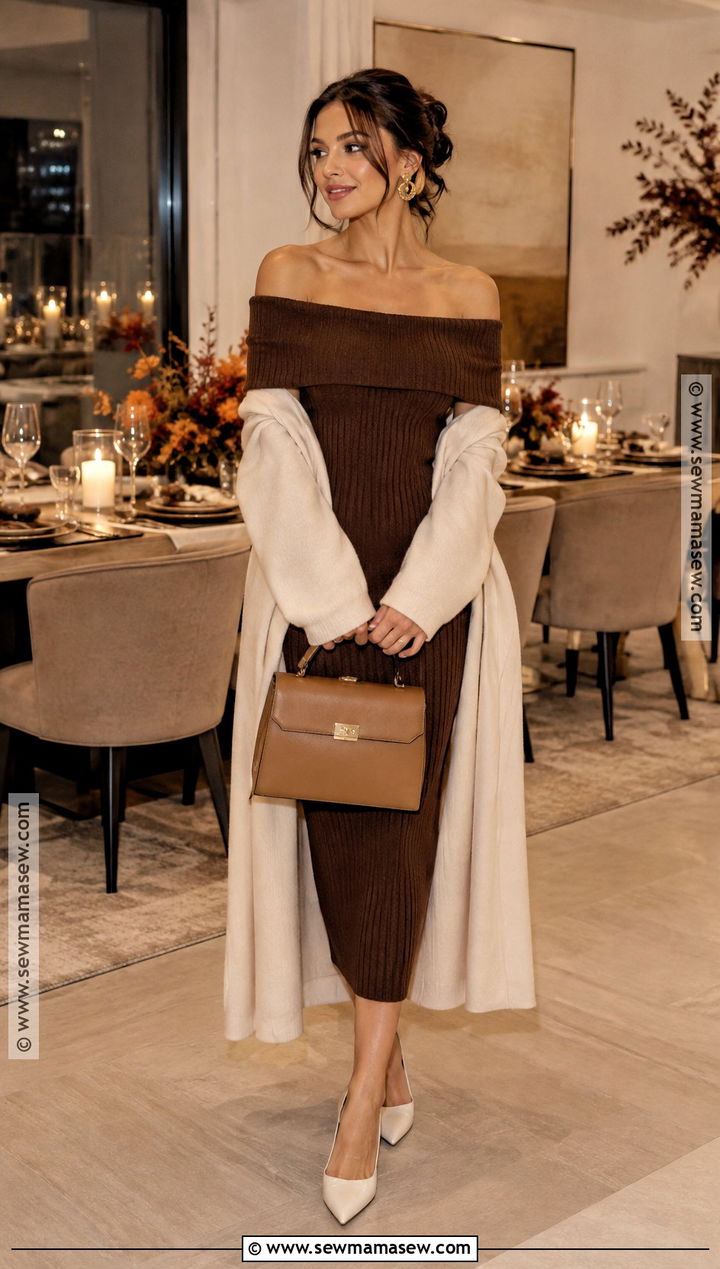 Chocolate Brown Off Shoulder Knit Midi Dress - 20 fall party dress ideas