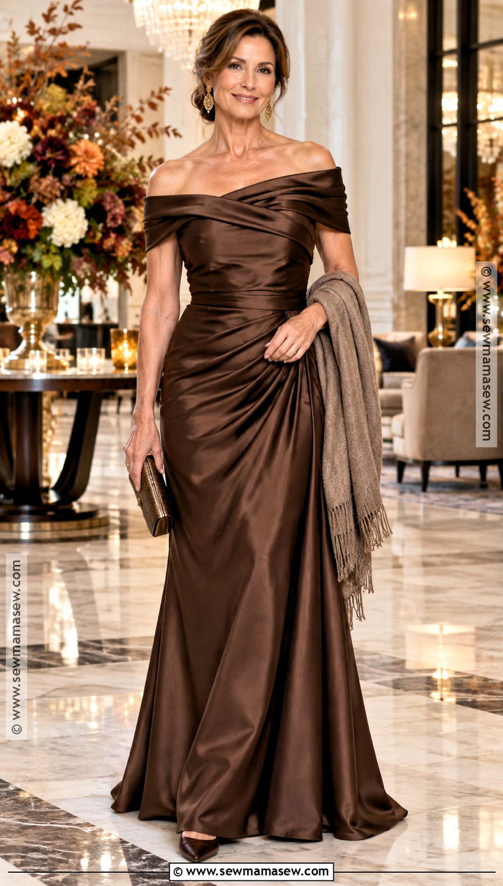 Chocolate Brown Off the Shoulder Mother of the Groom Gown - 15 fall mother of the groom dresses