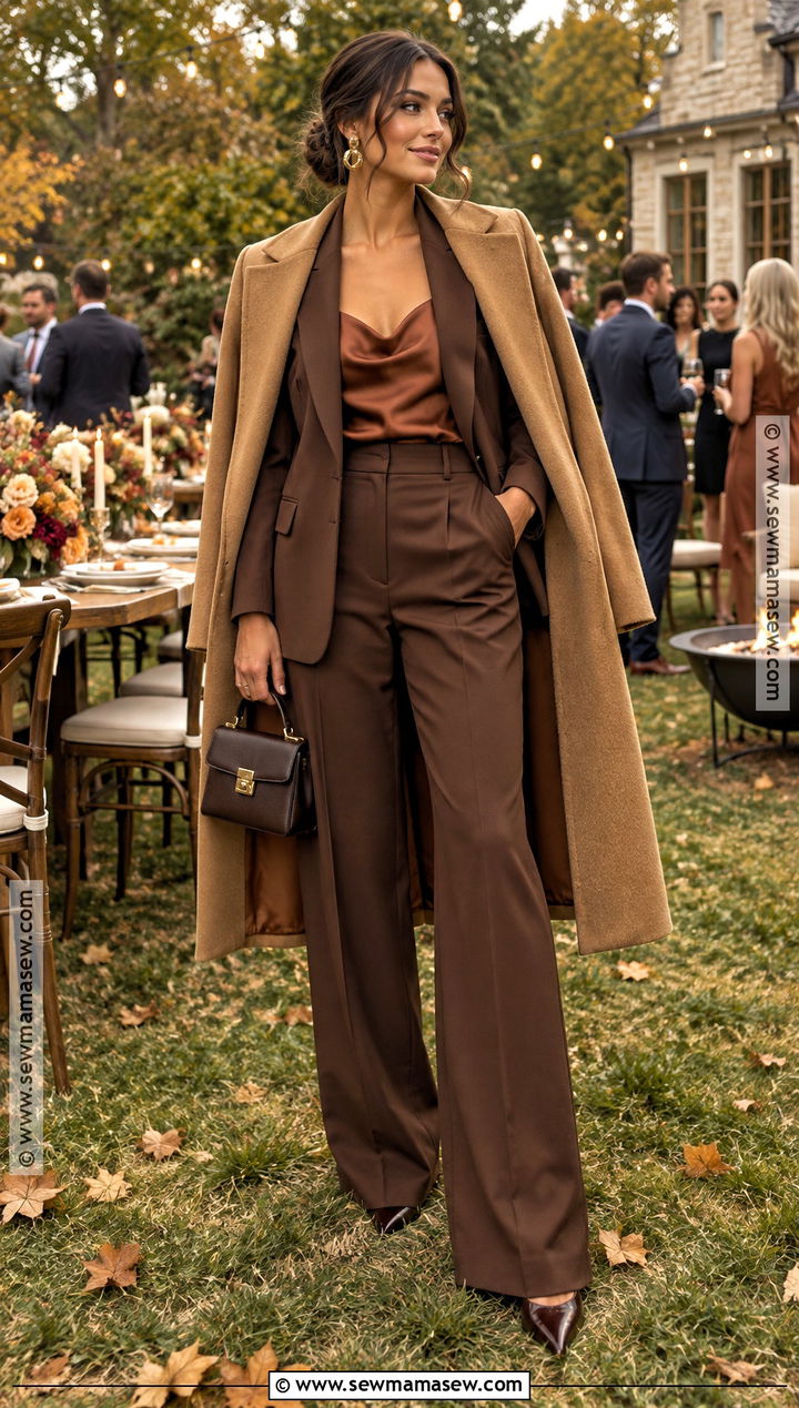 Chocolate Brown Pantsuit With Silk Camisole - 15 outdoor fall wedding outfit ideas