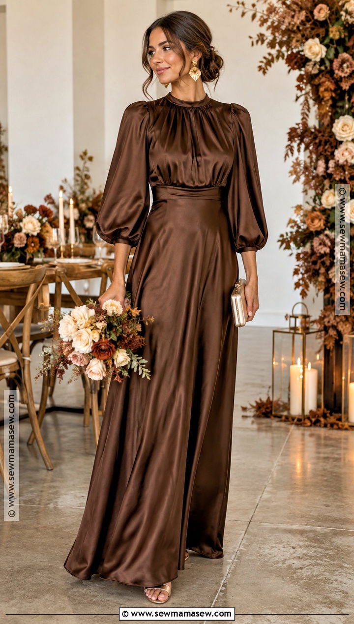 Chocolate Brown Satin Balloon Sleeve Bridesmaid Dress - 15 Fall Bridesmaid Dresses With Sleeves