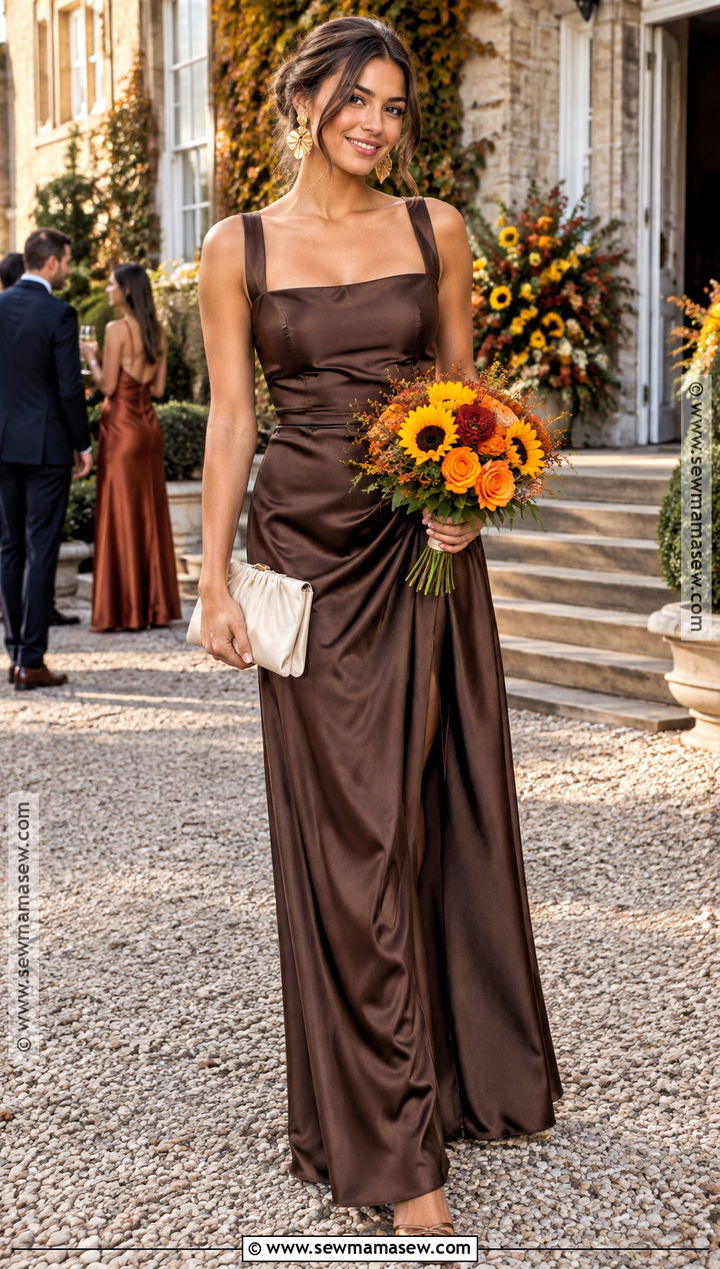 Chocolate Brown Satin Bridesmaid Dress - 15 fall sunflower wedding theme bridesmaid dresses