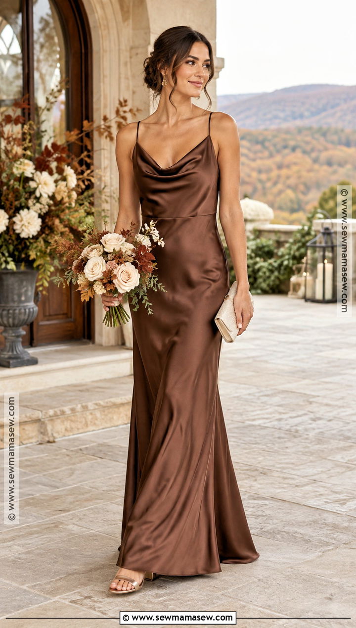 Chocolate Brown Satin Cowl Neck Bridesmaid Dress - 15 Fall Bridesmaid Dresses Brown