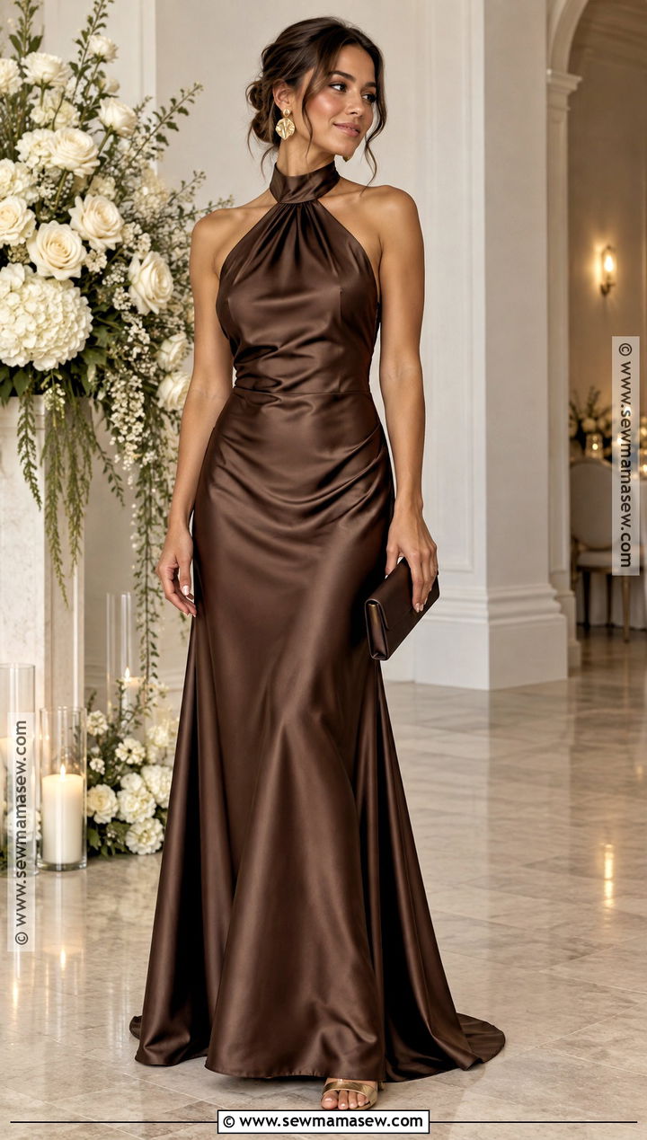 Chocolate Brown Satin Halter Bridesmaid Dress - 25 fall bridesmaid dresses
