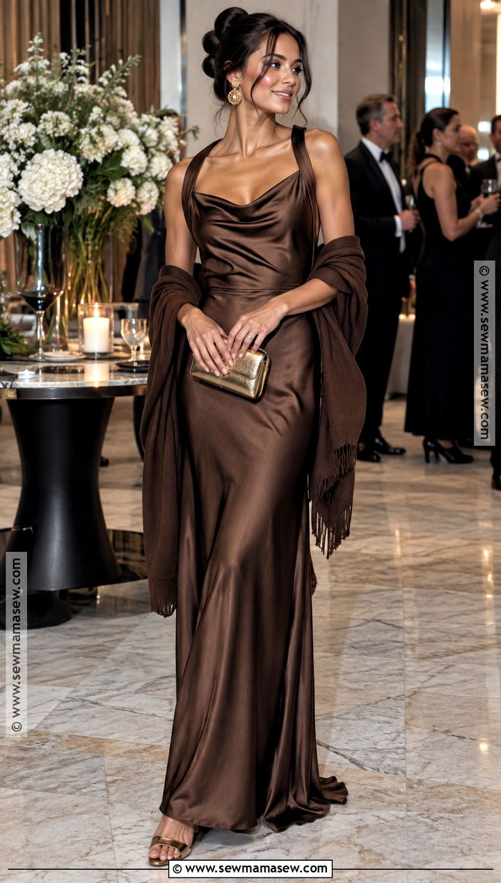 Chocolate Brown Satin Maxi Dress Outfit - 15 october wedding dress ideas