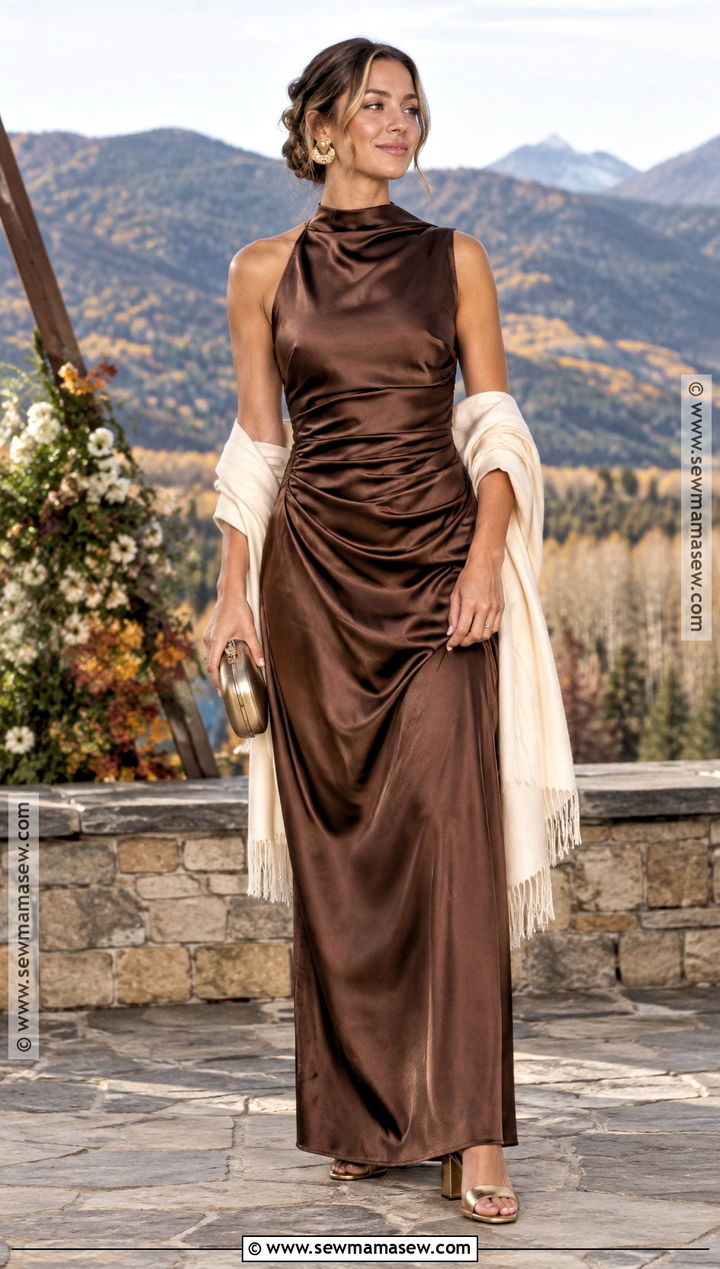Chocolate Brown Satin Maxi Fall Outdoor Wedding Guest Dress - 20 fall outdoor wedding guest dress ideas