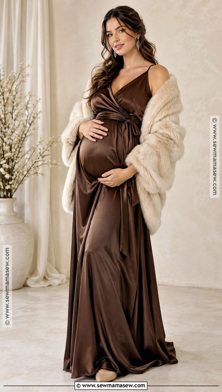 Chocolate Brown Satin Maxi Maternity Photoshoot Outfit - 20 November Maternity Photoshoot Outfits