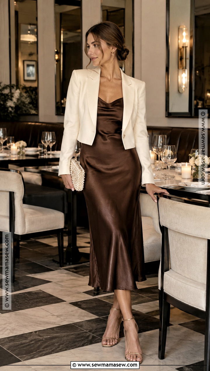 Chocolate Brown Slip Rehearsal Dinner Dress - 20 fall rehearsal dinner dress for bride ideas