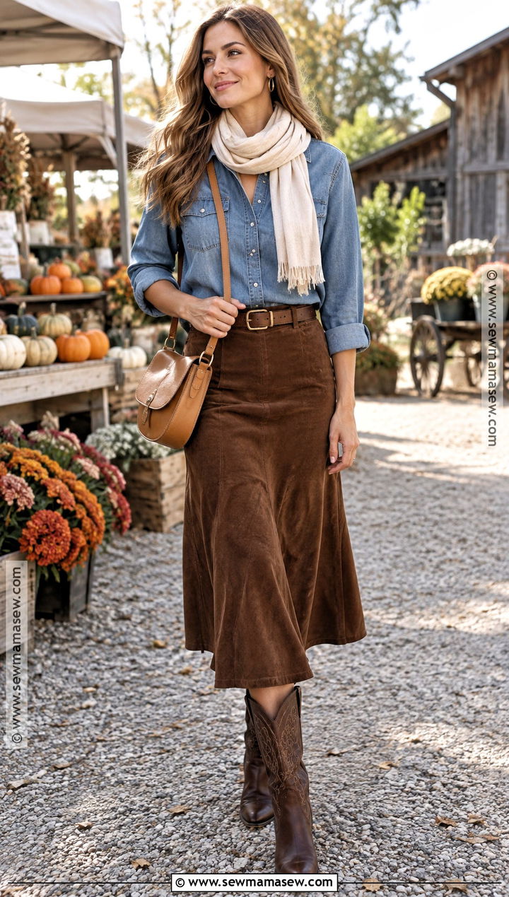 Chocolate Brown Suede Skirt With Denim Shirt And Western Boots - 15 chocolate brown autumn outfit ideas