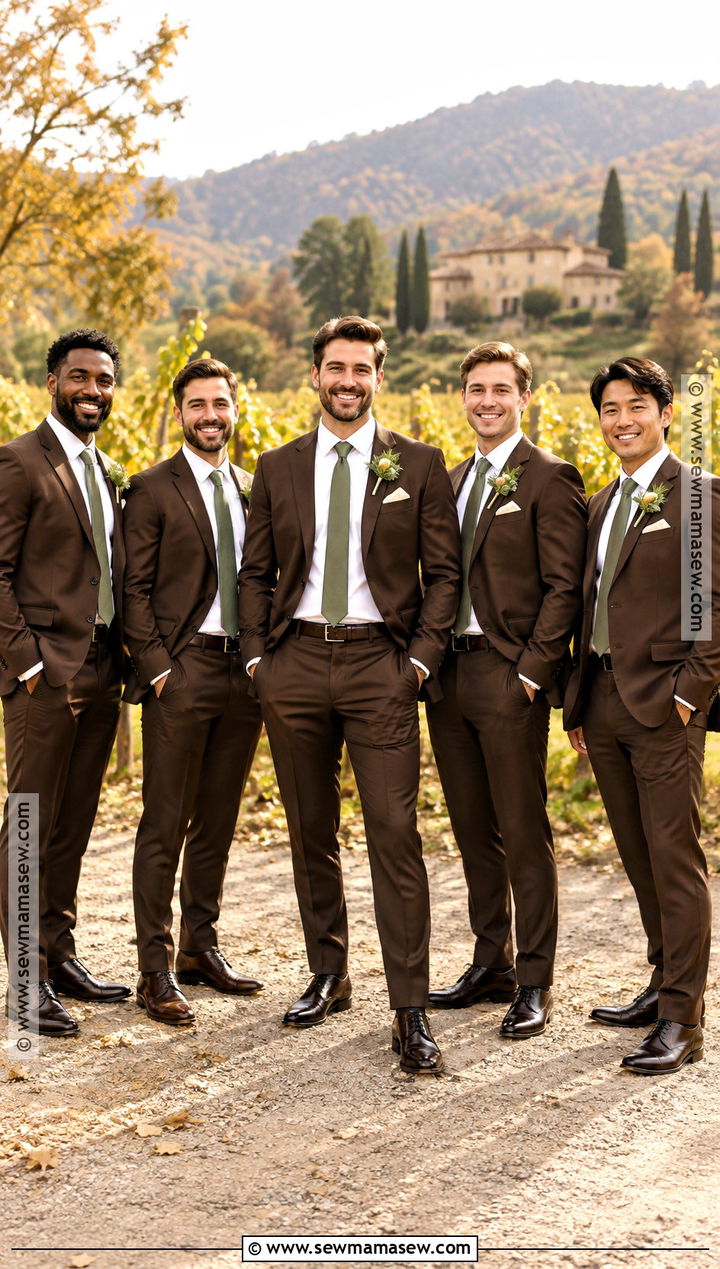 Chocolate Brown Suit And Sage Tie Groomsmen Attire - 25 fall wedding groomsmen attire ideas