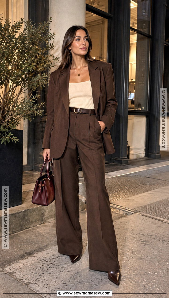 Chocolate Brown Suit NYC Night Outfit - 15 nyc night outfit fall ideas