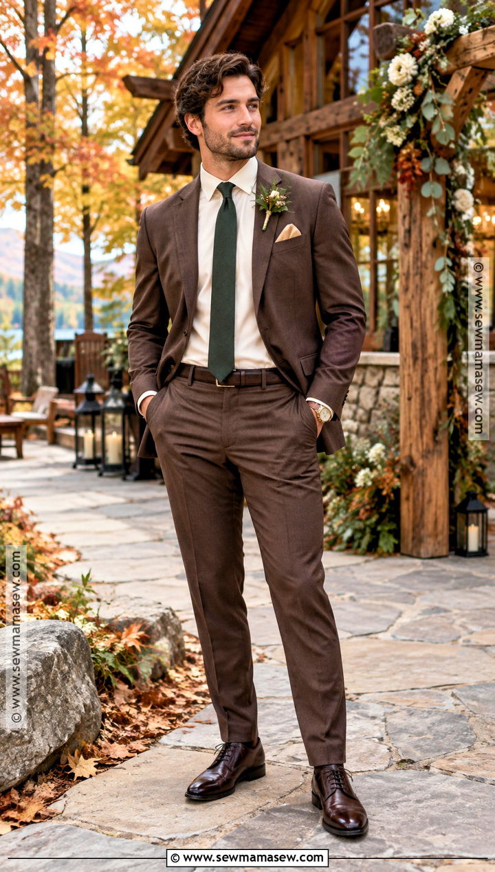 Chocolate Brown Suit With Cream Shirt - 15 fall outdoor wedding groom attire ideas