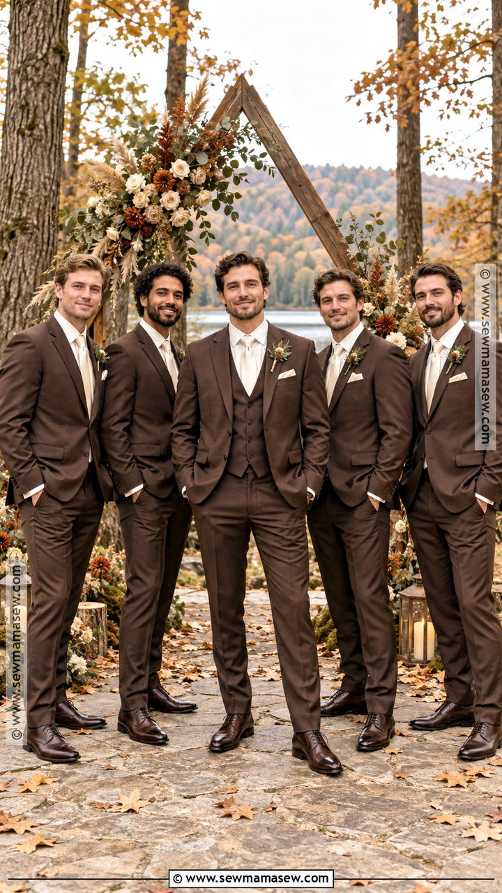Chocolate Brown Suit With Cream Tie - 20 groomsmen fall wedding attire ideas