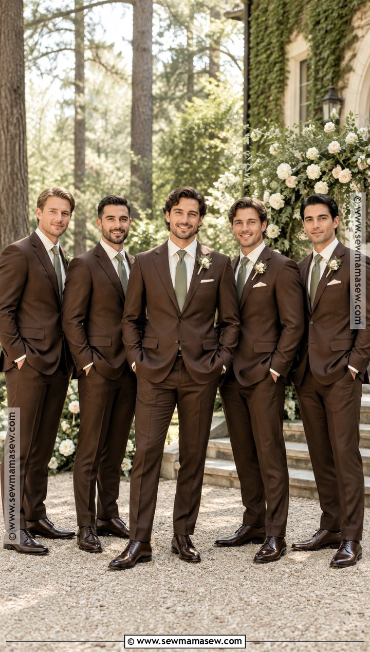 Chocolate Brown Suit With Sage Tie - 15 november groomsmen attire ideas
